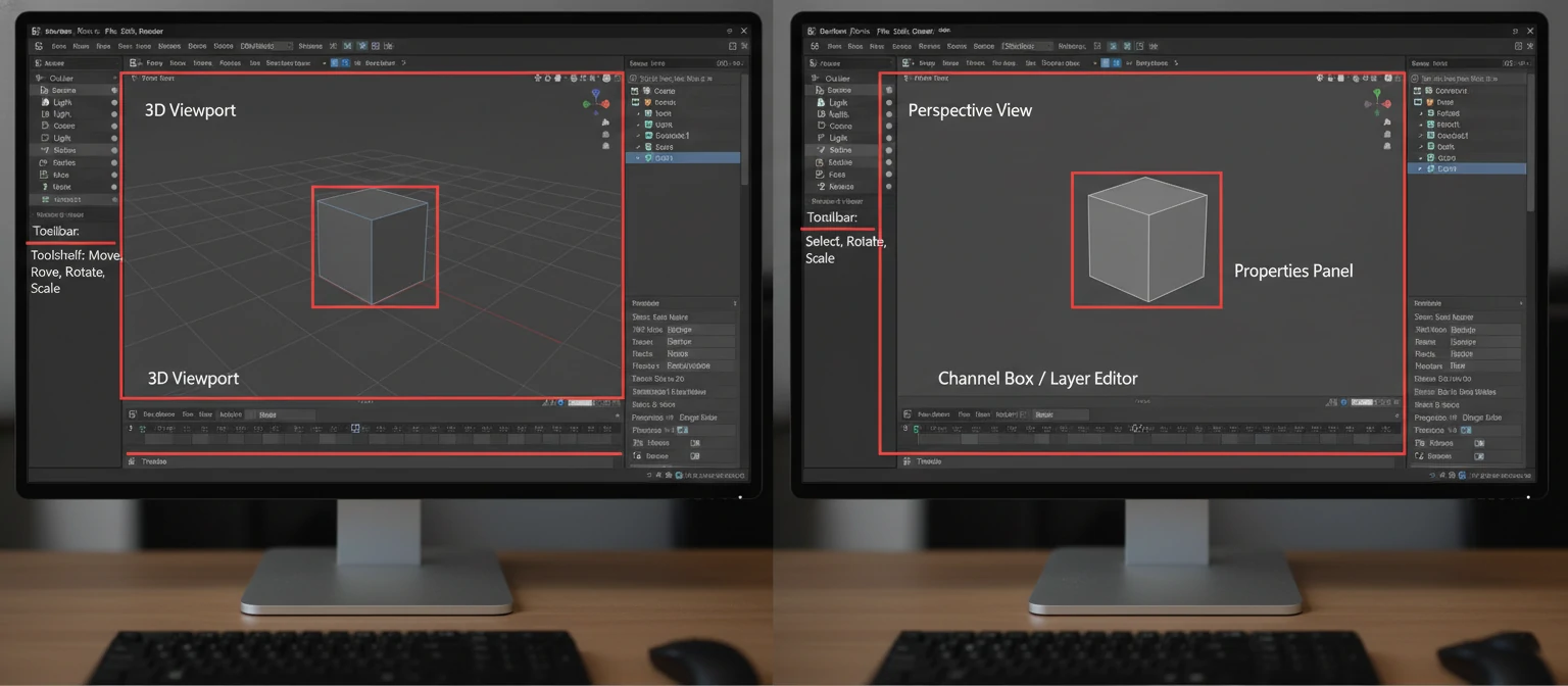 Side-by-side screenshots of Blender and Maya interfaces with key tools and panels labeled