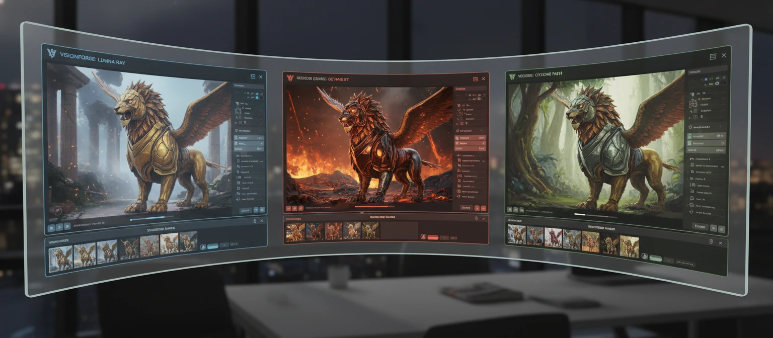 Software interface screenshots showcasing different rendering engines in action