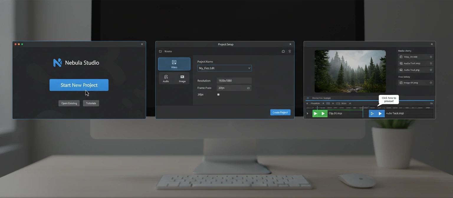Software interface screenshots showing beginner workflow