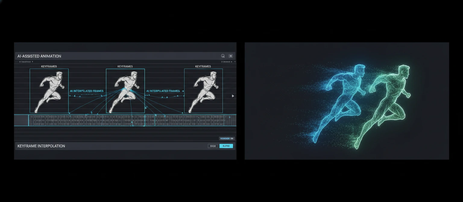 Split-screen animation showing keyframe timeline with AI-generated in-between frames Visualization