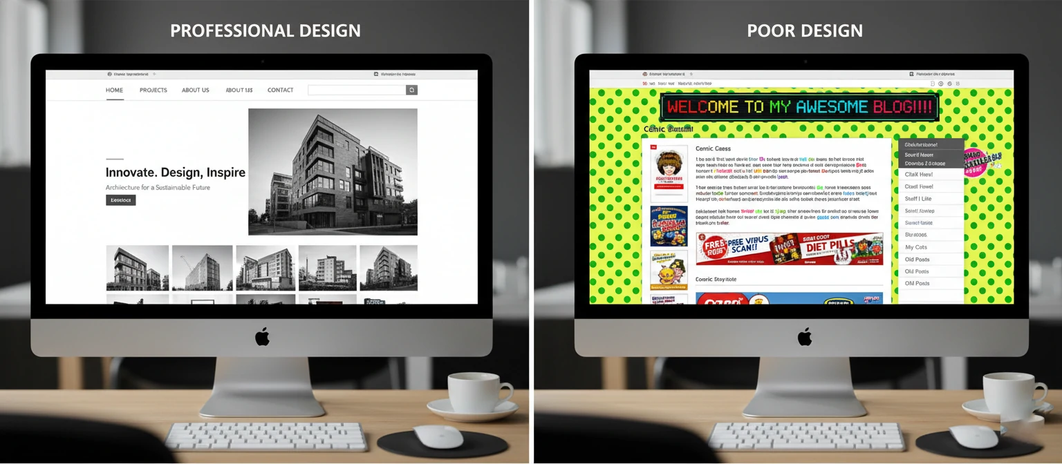 Split-screen comparison showing a professional website design vs. a poorly designed