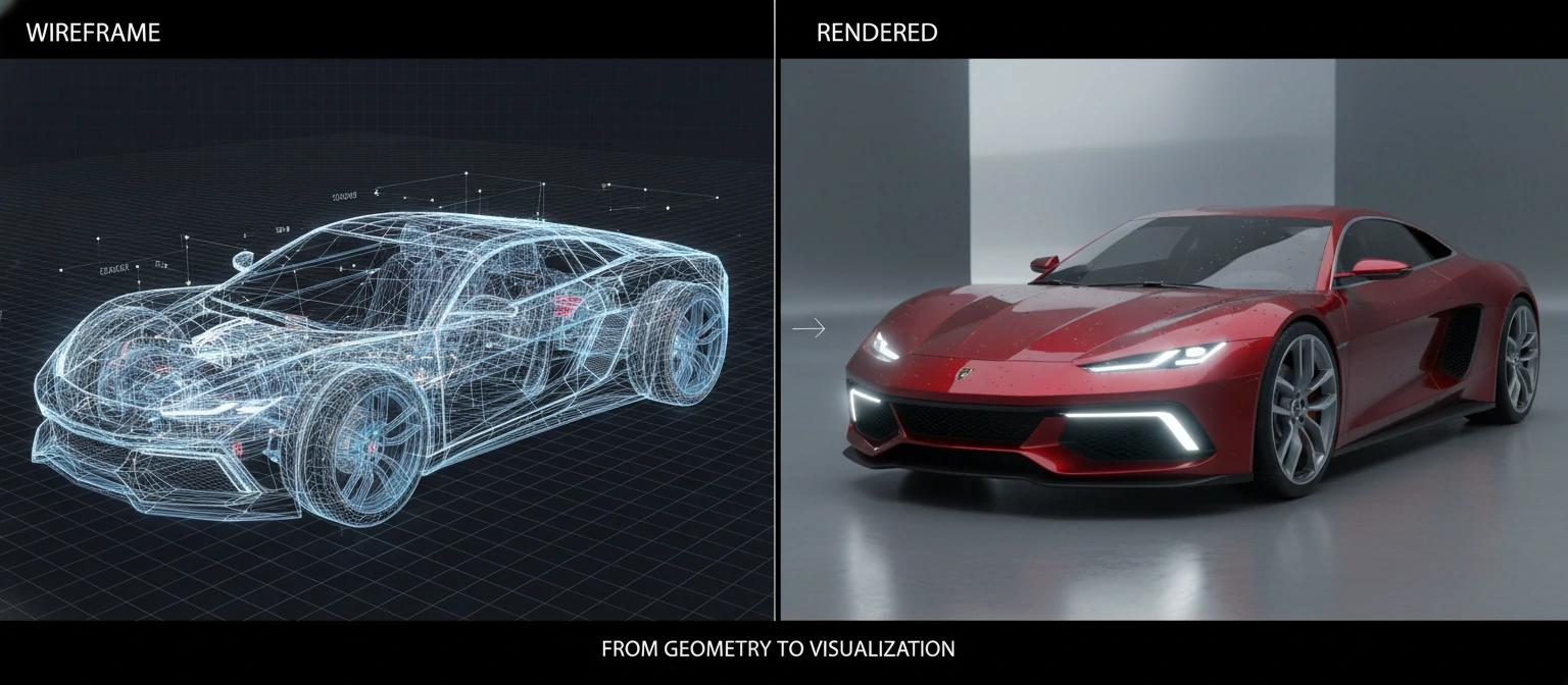 Split-screen comparison showing a wireframe 3D model