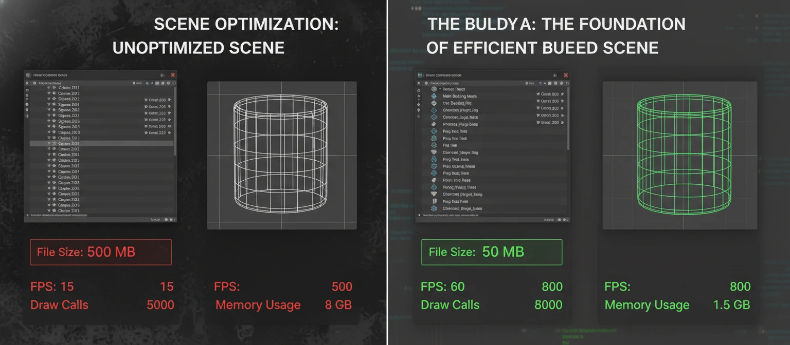 Split-screen comparison showing an unoptimized scene