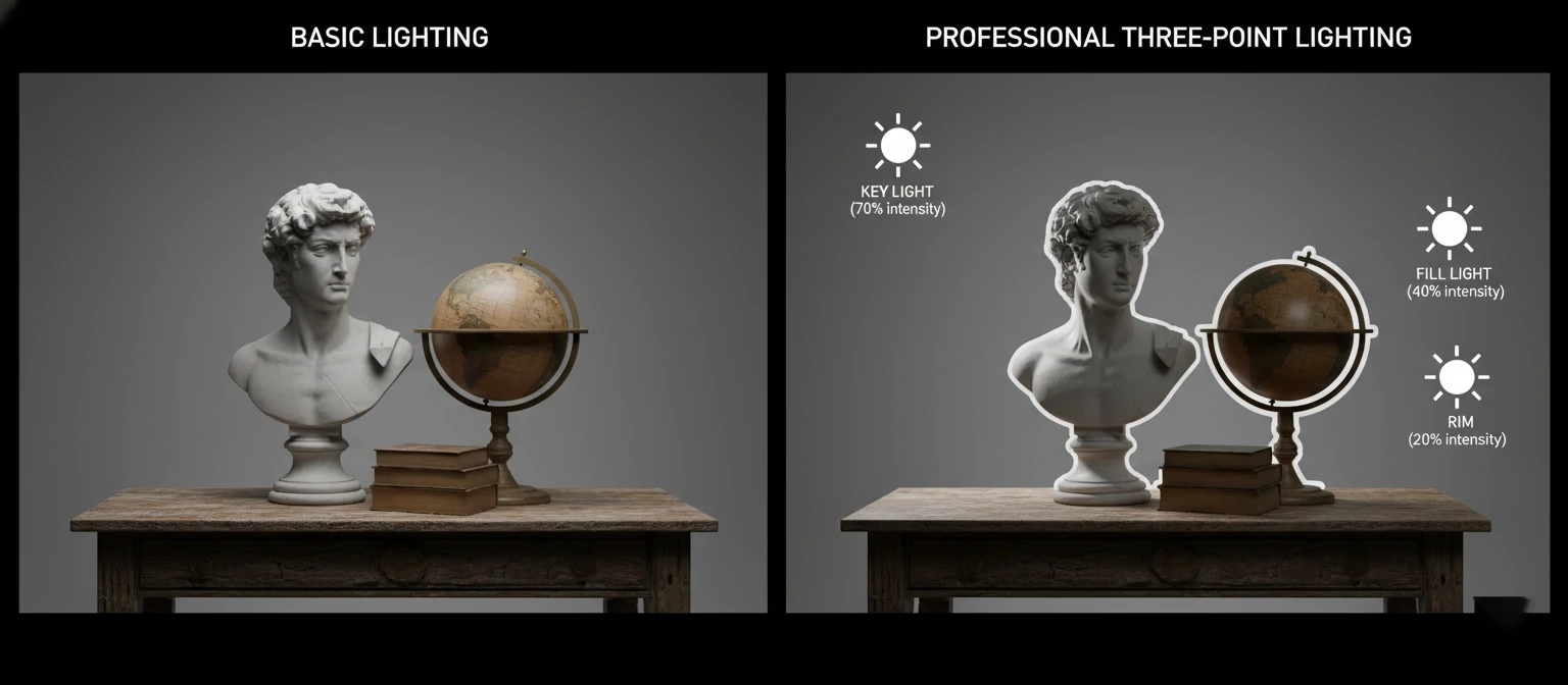 Split-screen comparison showing the same 3D scene with basic lighting vs. professional three-point lighting setup