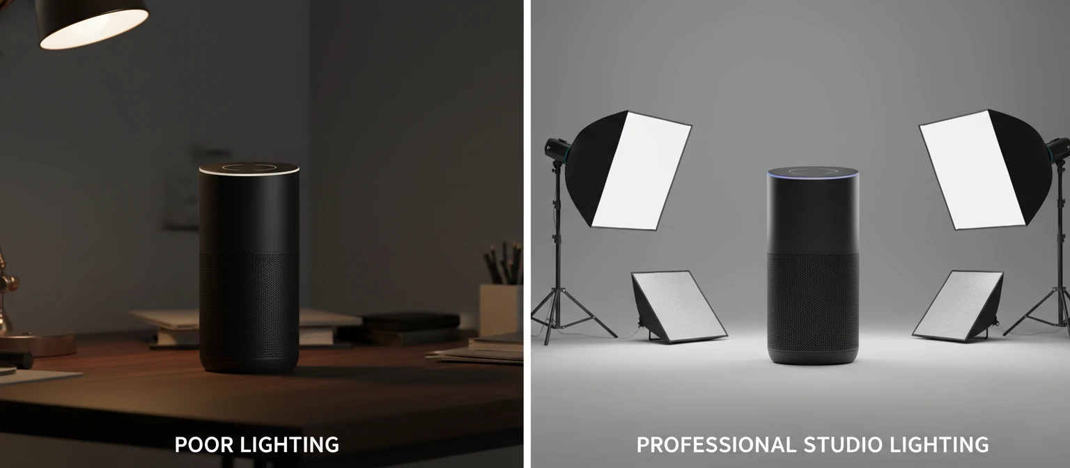 Split-screen comparison showing the same product with poor lighting vs. professional studio lighting