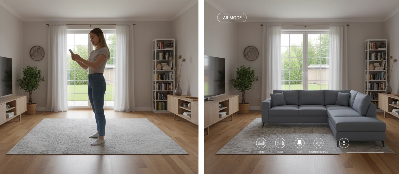 Split screen showing a customer using AR to visualize a sofa in their living room via smartphone