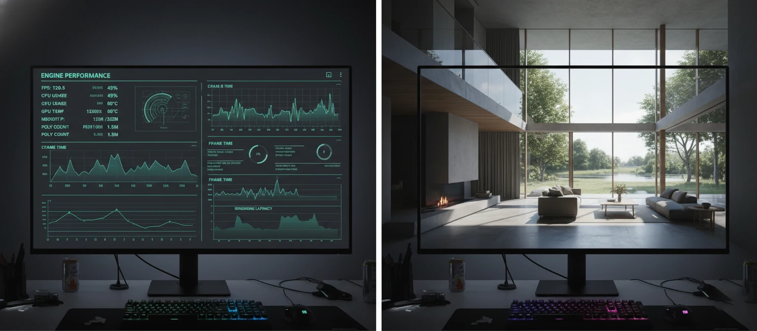 Split screen showing real-time engine interface with performance metrics