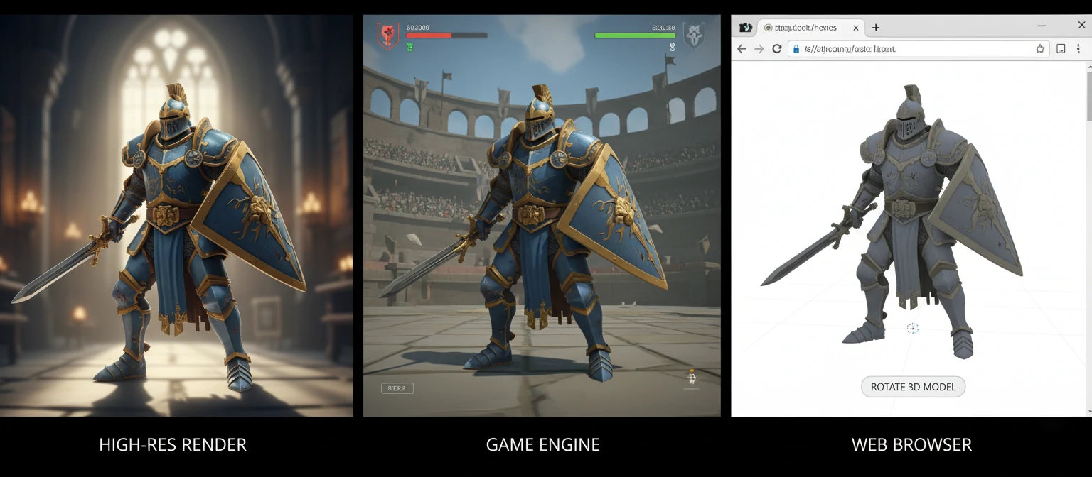 Split screen showing the same 3D model optimized for different platforms