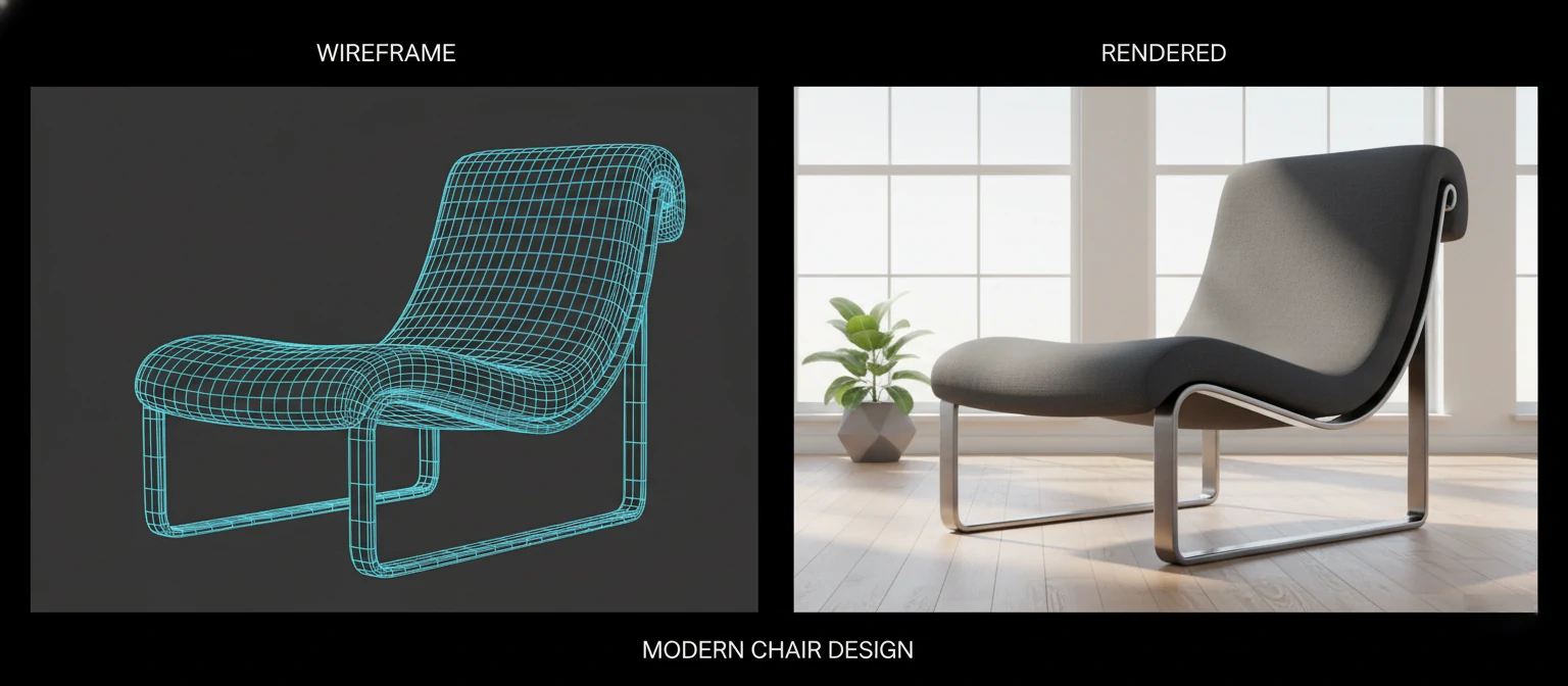 Split-screen showing wireframe and rendered 3D model of a modern chair
