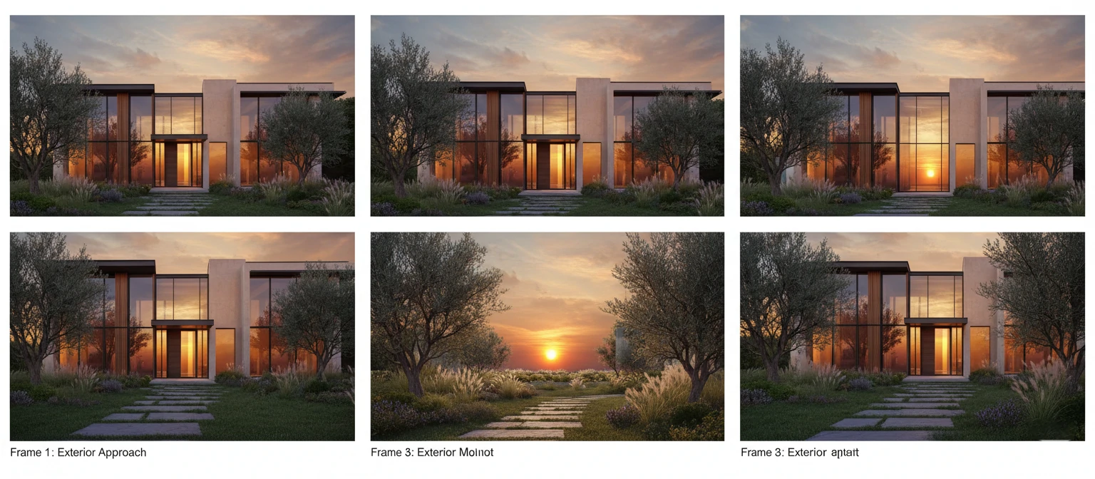 Storyboard sequence showing key frames from an architectural walkthrough animation