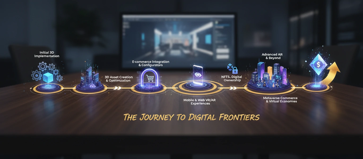 Success roadmap infographic showing the journey from initial 3D implementation to advanced AR and metaverse commerce
