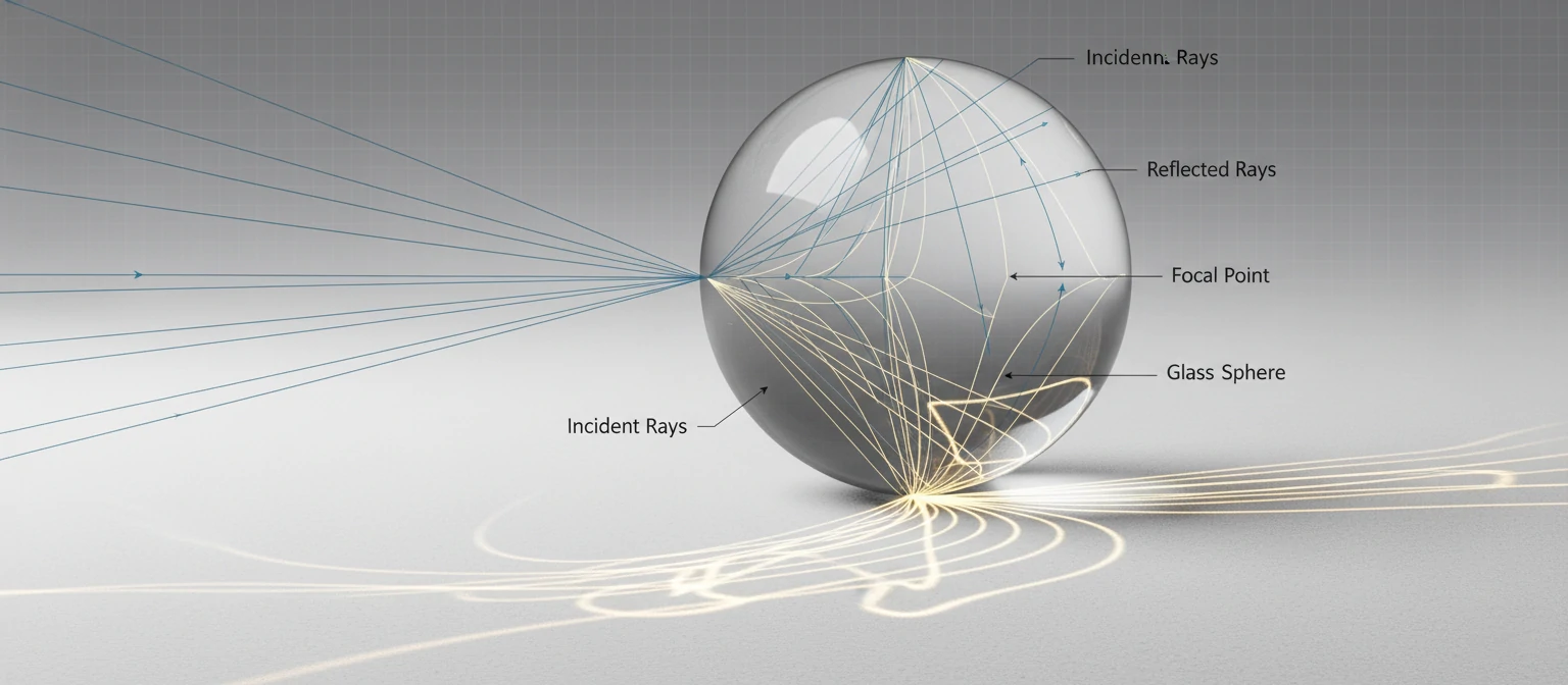 Technical diagram showing light ray paths bouncing through a glass sphere