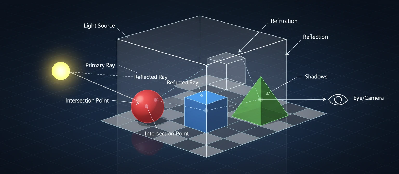 Technical diagram showing ray tracing light paths bouncing between surfaces in a 3D scene