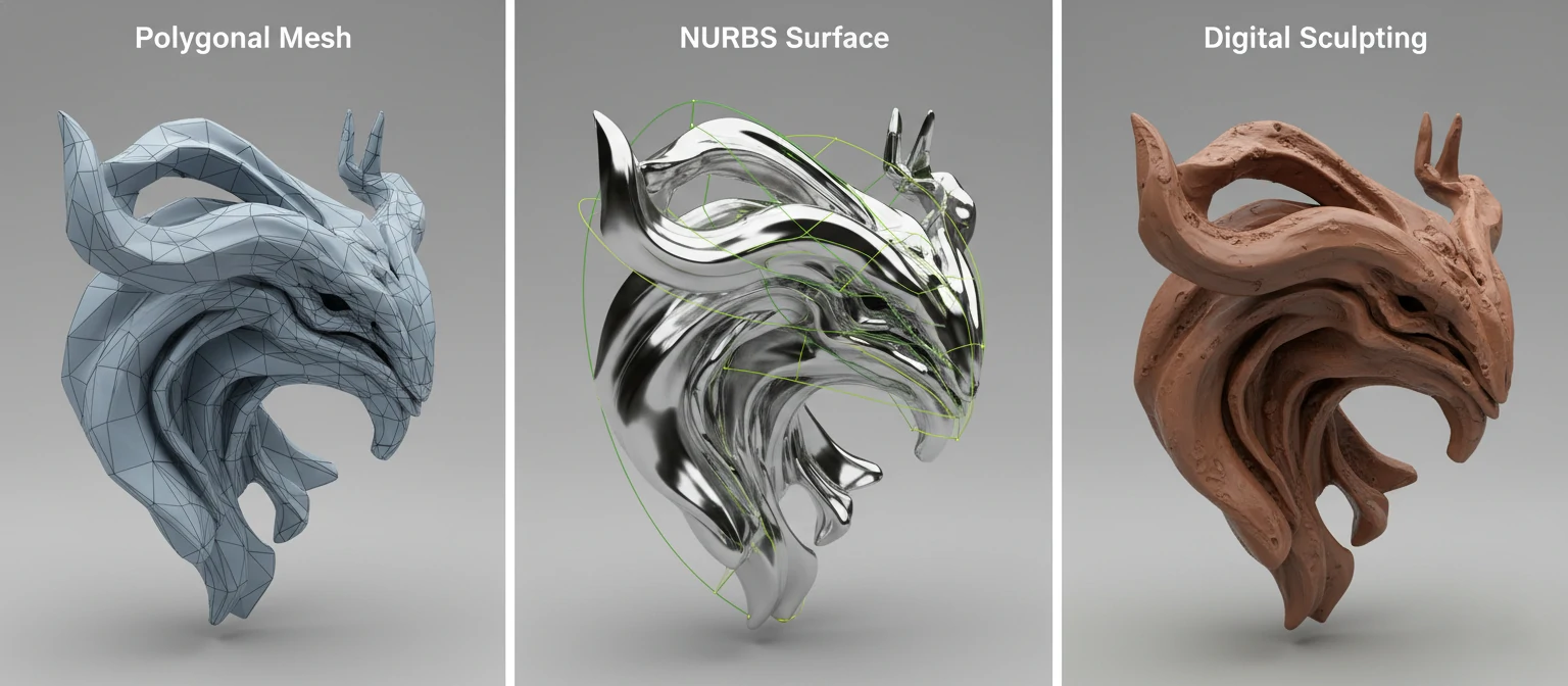 Three-panel comparison showing different modeling techniques