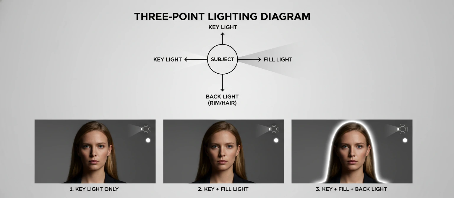 Three-point lighting diagram with examples showing different lighting setups and their effects