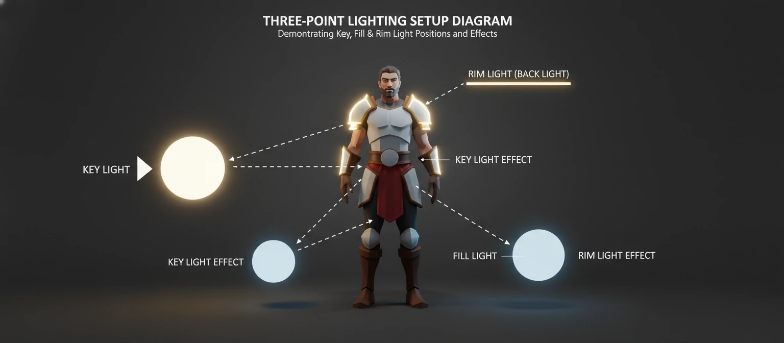 Three-point lighting setup diagram with a 3D character