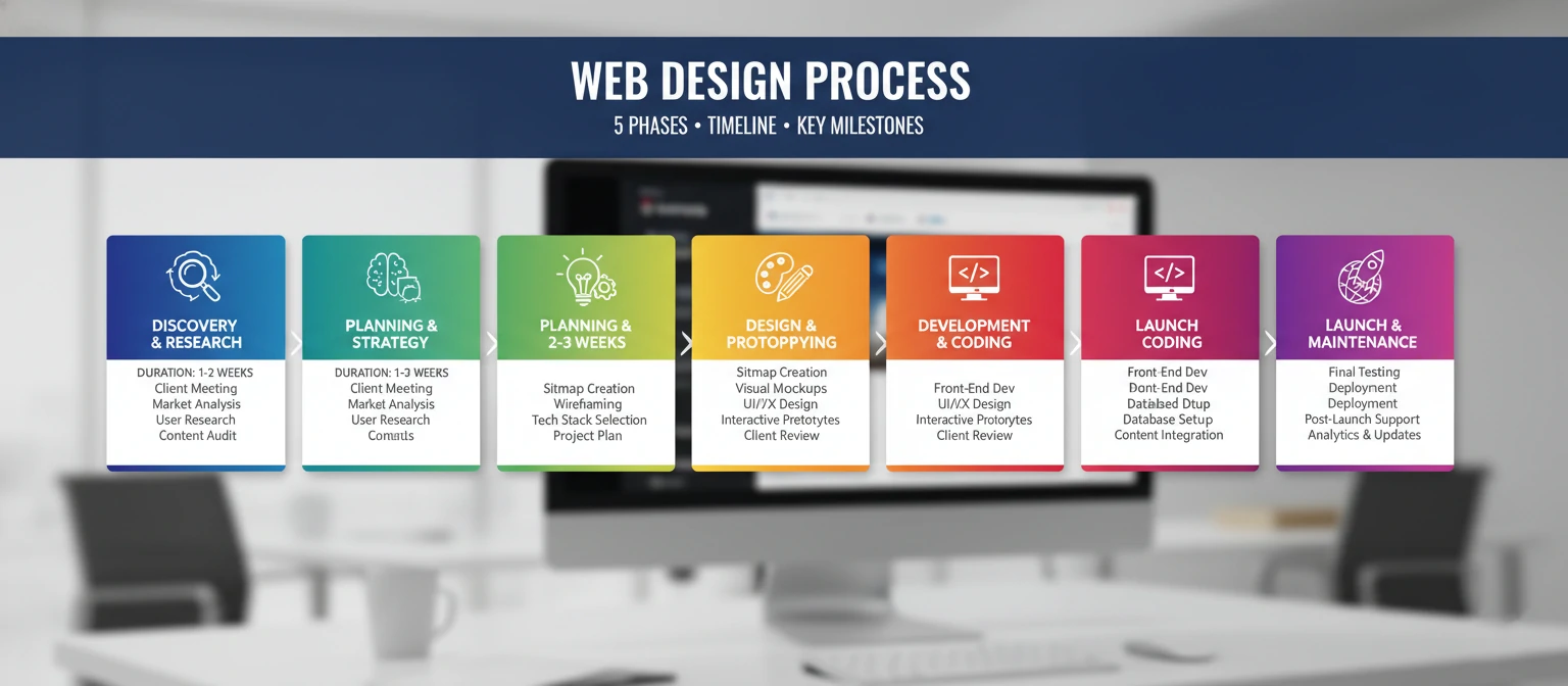 Timeline infographic showing the 5 phases of web design process