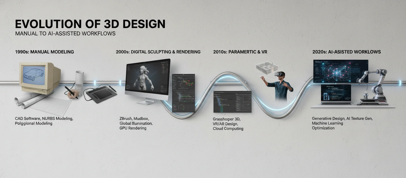 Timeline infographic showing the evolution of 3D design from manual modeling to AI-assisted