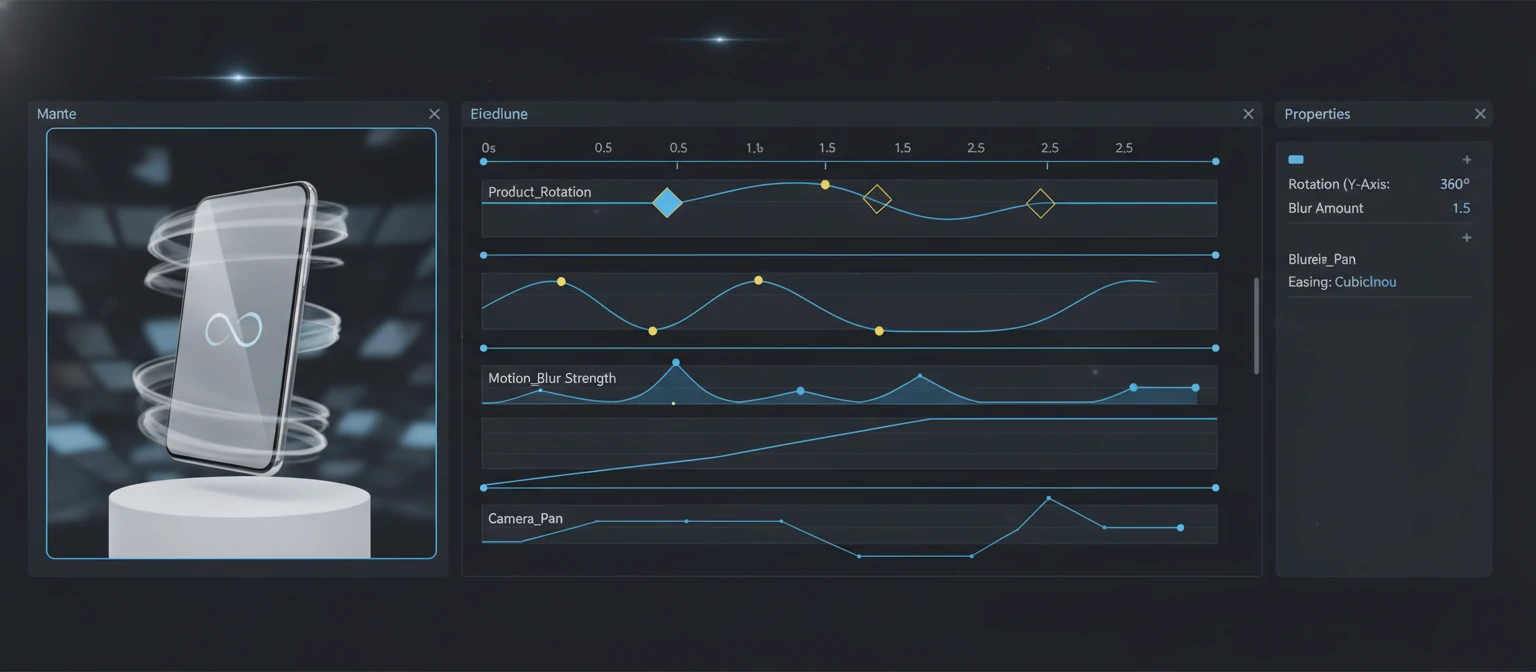 Timeline interface showing keyframes and animation curves for a product rotation