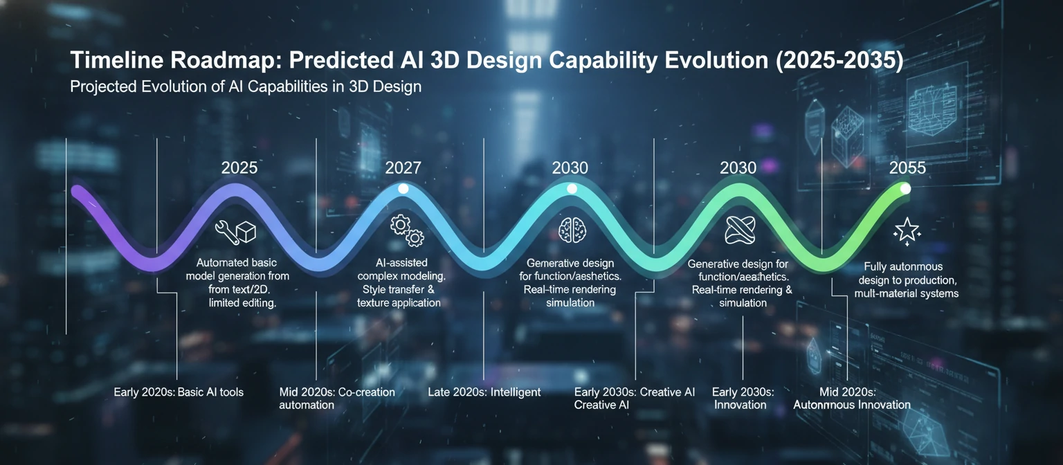 Timeline roadmap showing predicted AI 3D design capability evolution over next 5-10 years