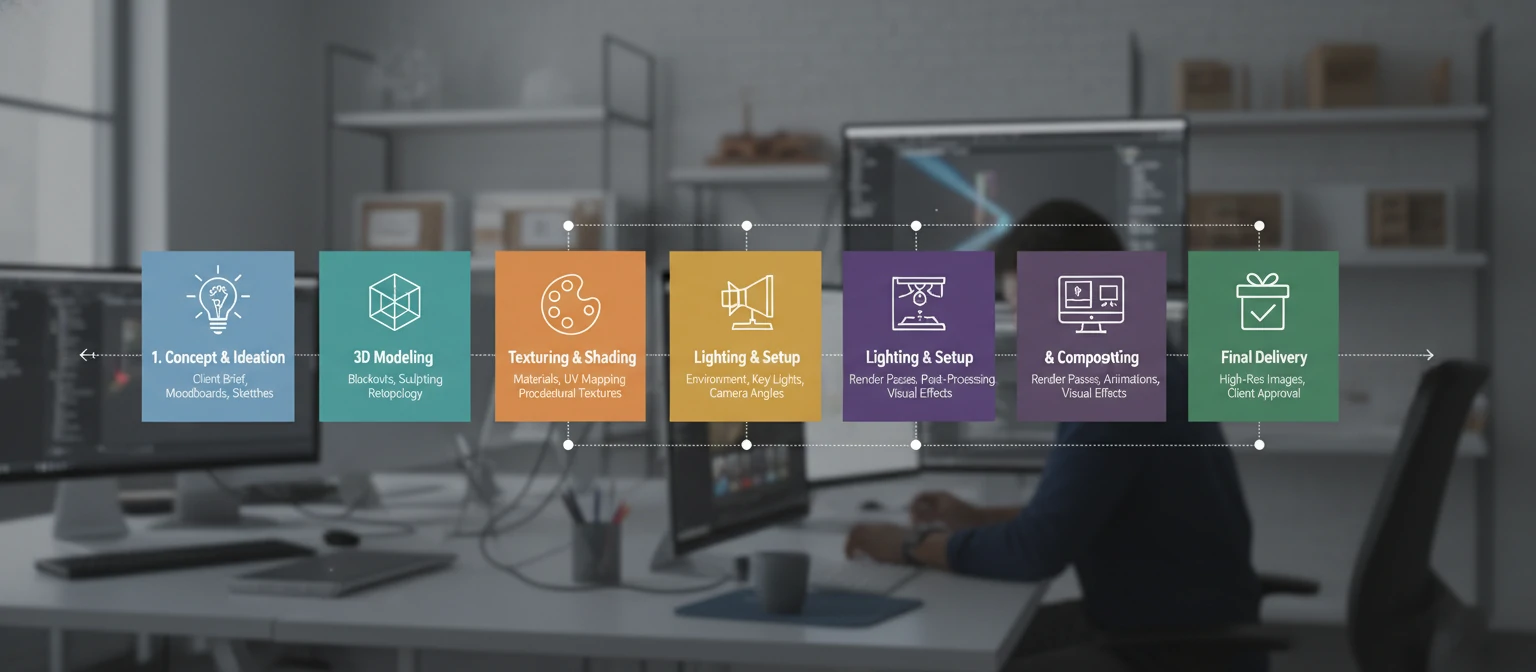 Visual timeline showing the typical 3D rendering project