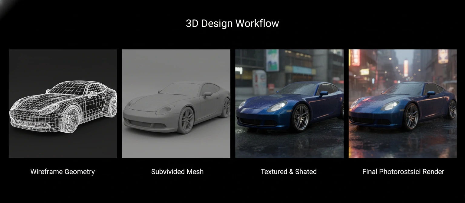 Wireframe to final render progression showing the 3D design workflow