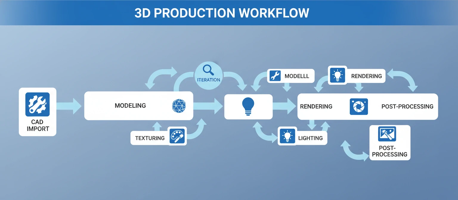 Workflow Diagram An infographic-style flowchart showing the complete 3D workflow from CAD import through final render