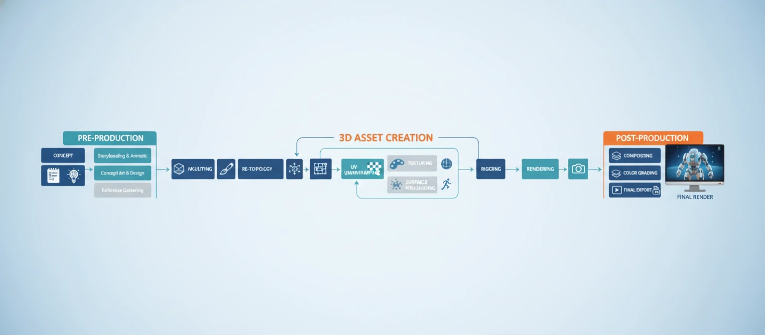 Workflow diagram showing the complete 3D production pipeline
