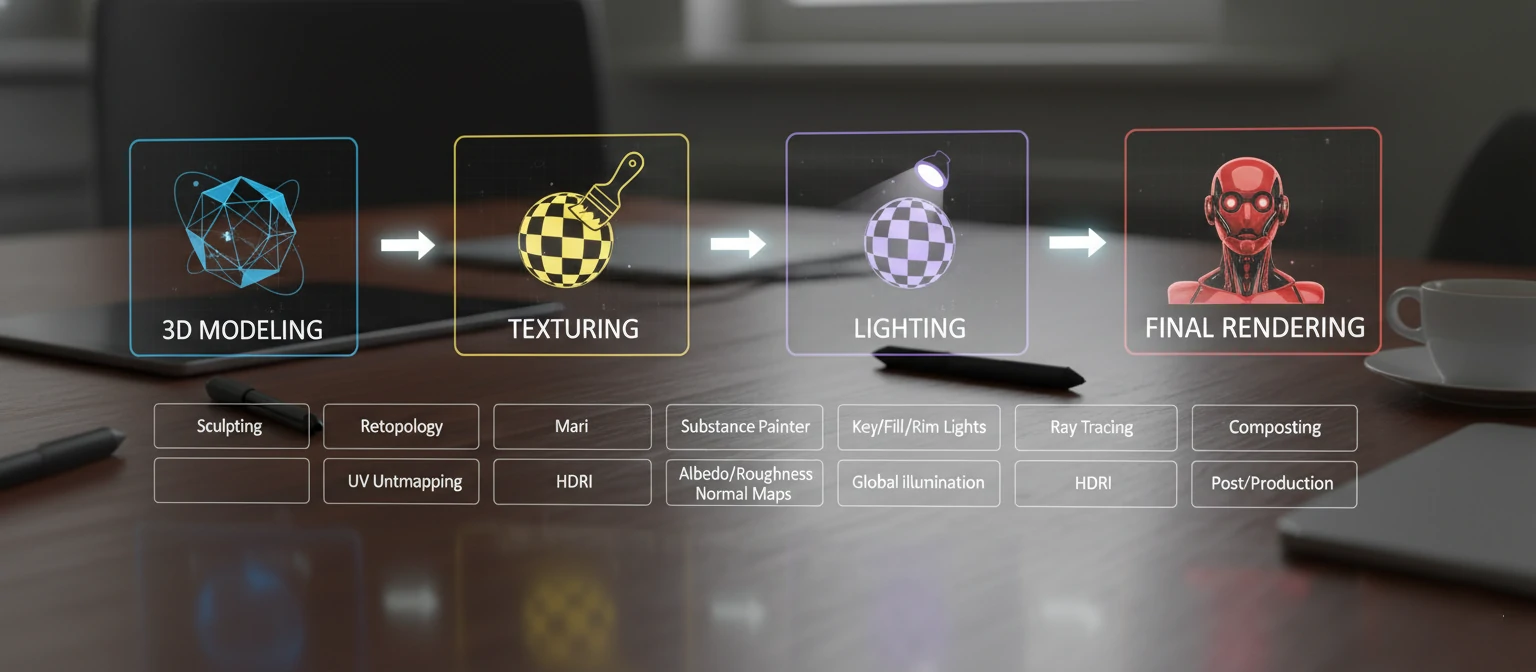 Workflow diagram showing the progression from 3D modeling to texturing