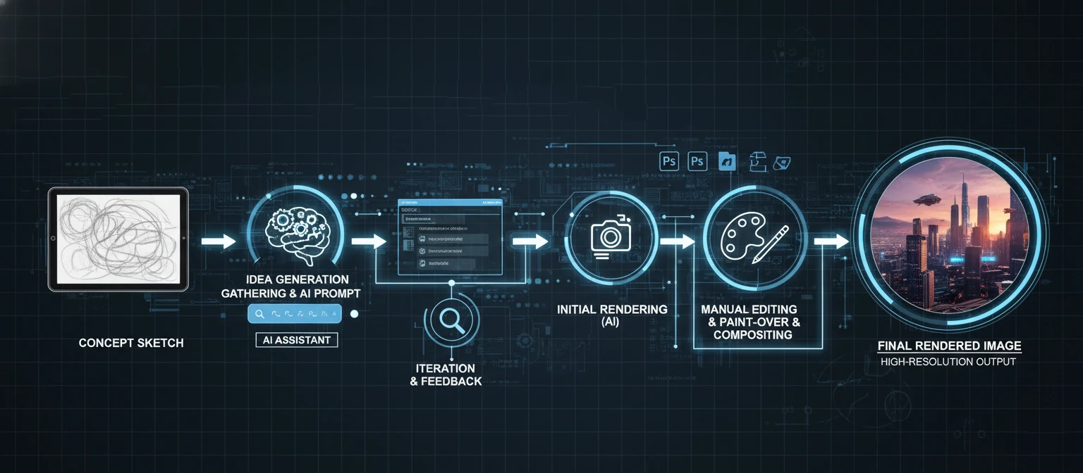 Workflow infographic showing the complete pipeline from concept sketch to final rendered image