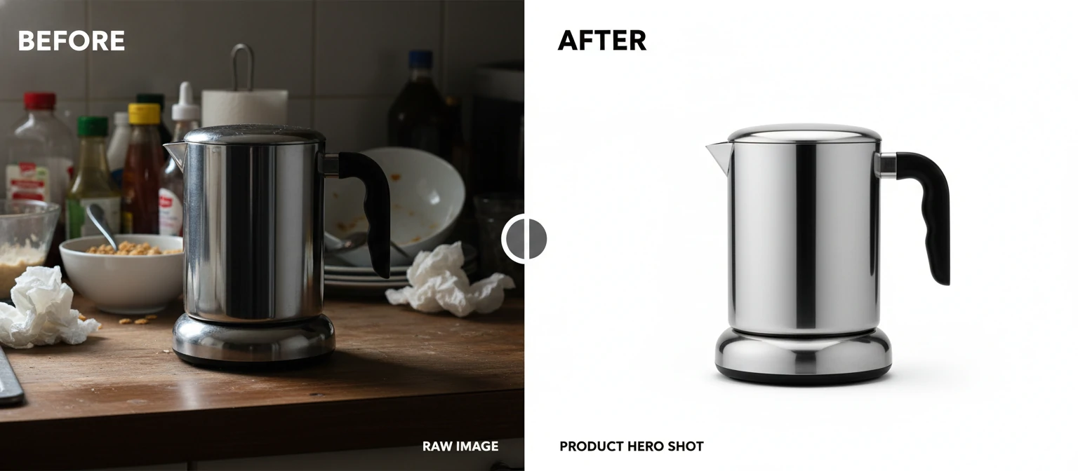 A before-after slider showing a product photo transformation—left side shows raw image with shadows and background clutter