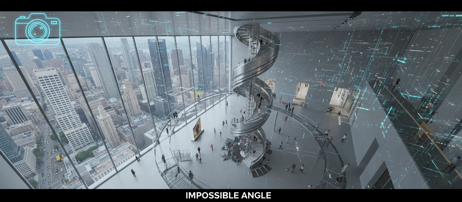 A camera angle from a high corner of a room that would be physically impossible for a photographer