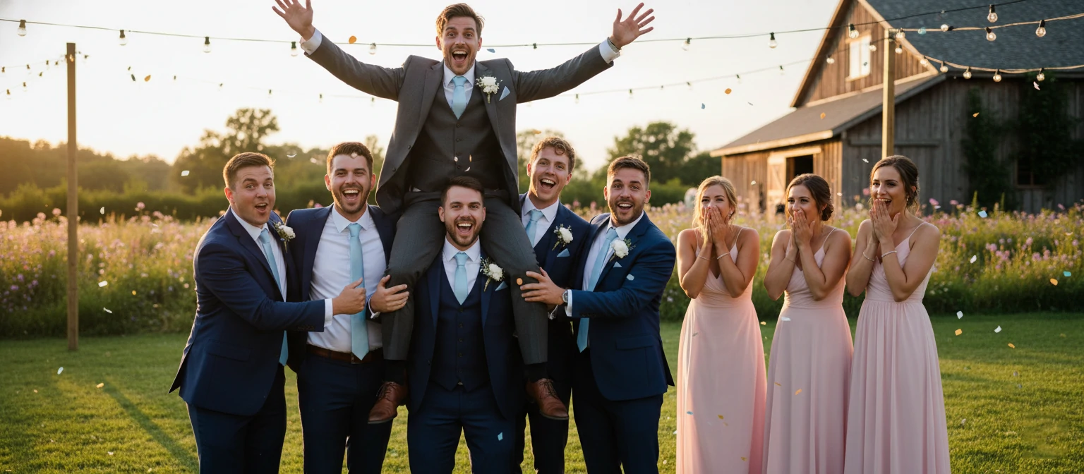 A candid shot of groomsmen lifting the groom on their shoulders with exaggerated expressions