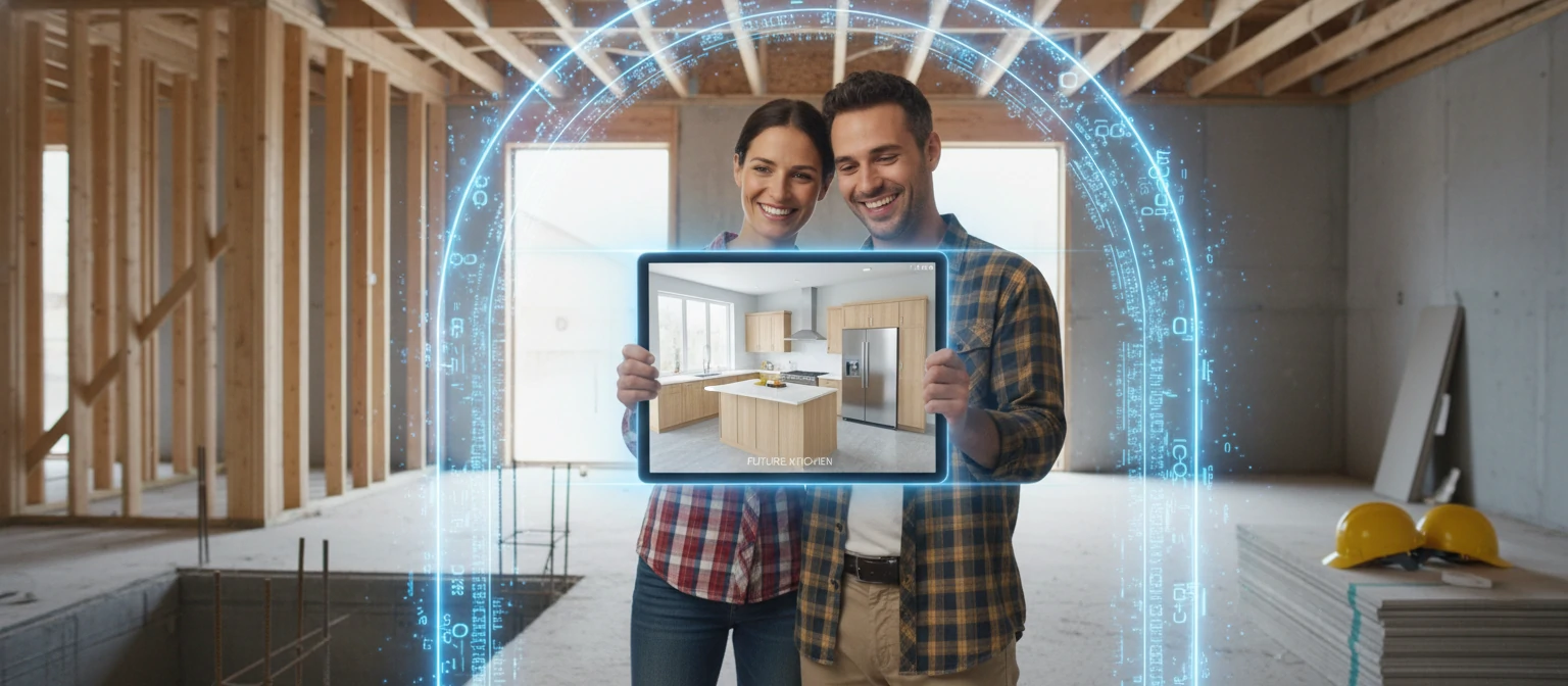 A happy couple holding an iPad, looking at a virtual tour of their future kitchen