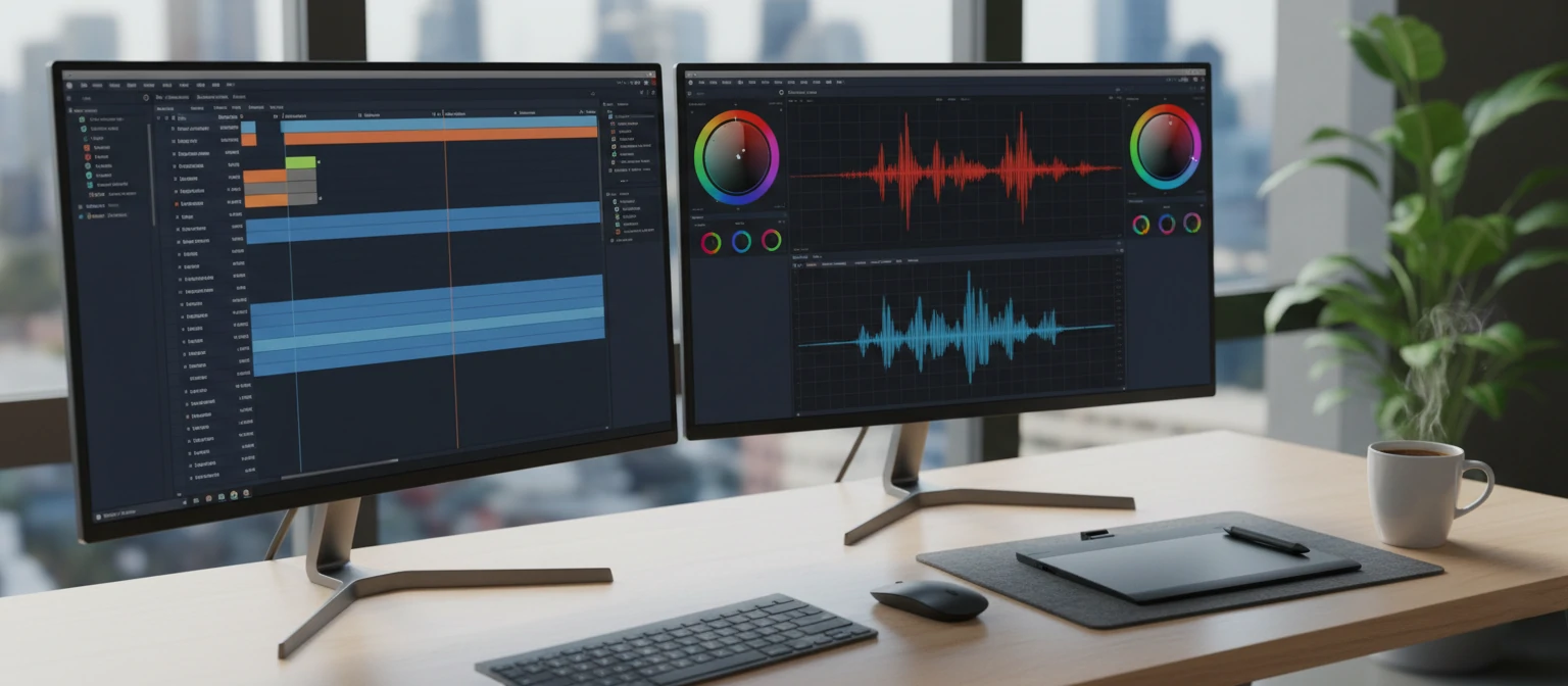 A modern, minimalist workspace with dual monitors showing a video timeline