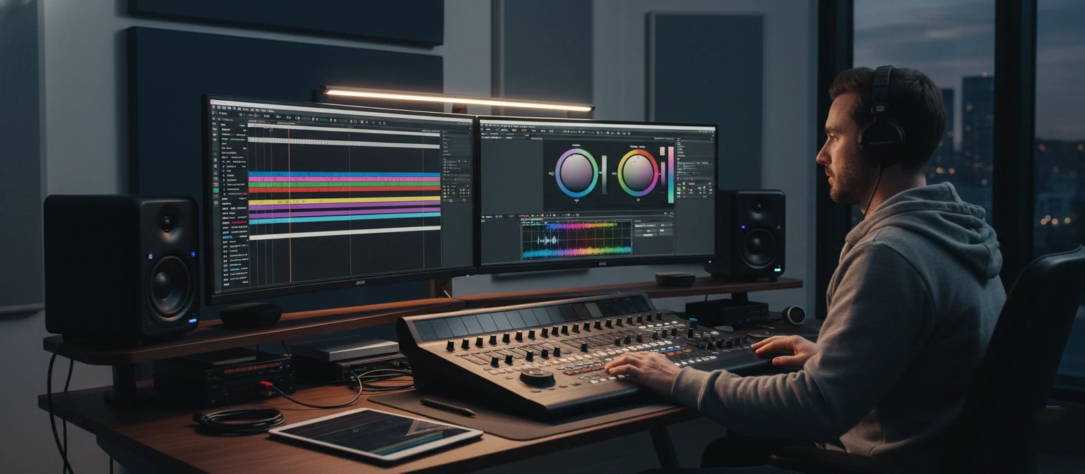 A modern, well-lit editing suite with dual ultrawide monitors displaying a video timeline