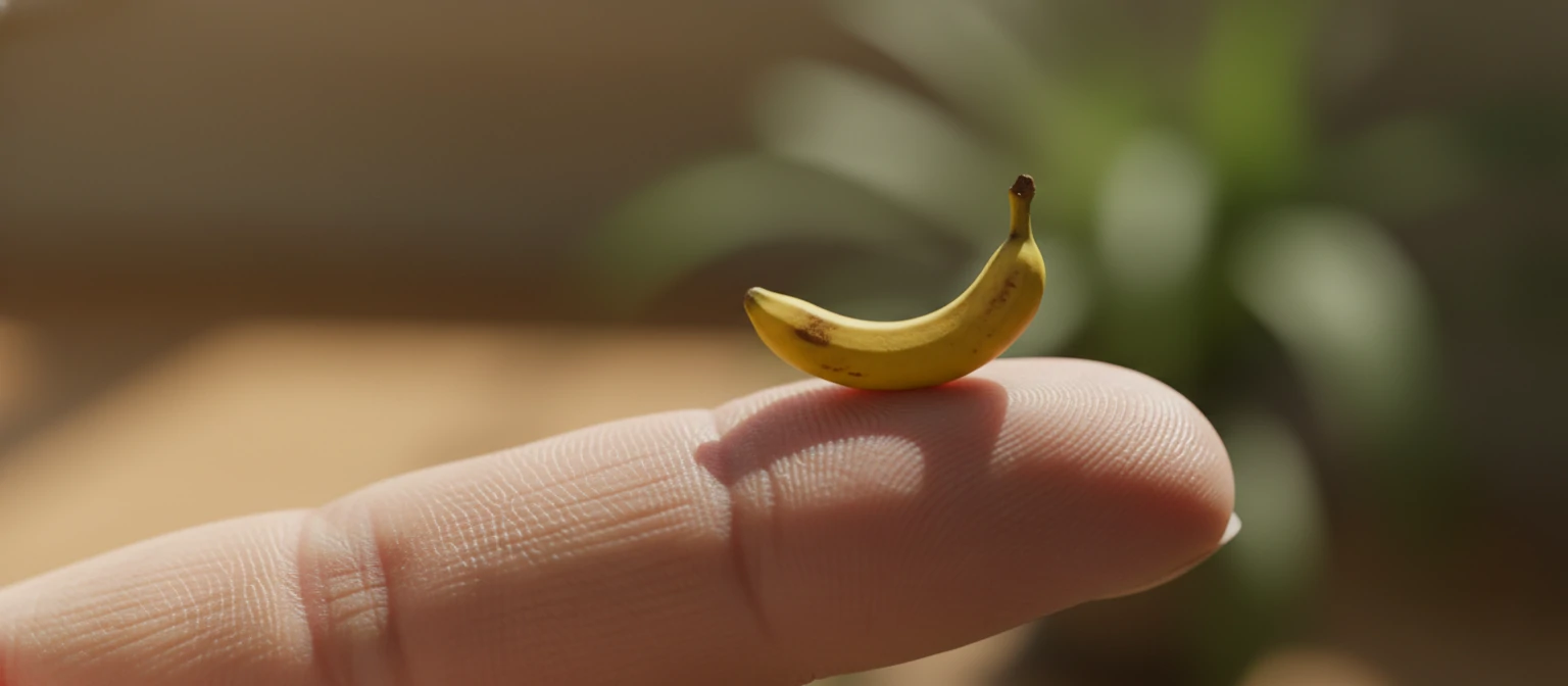 A polished final result showing a tiny nano banana placed on the edge of a human fingertip