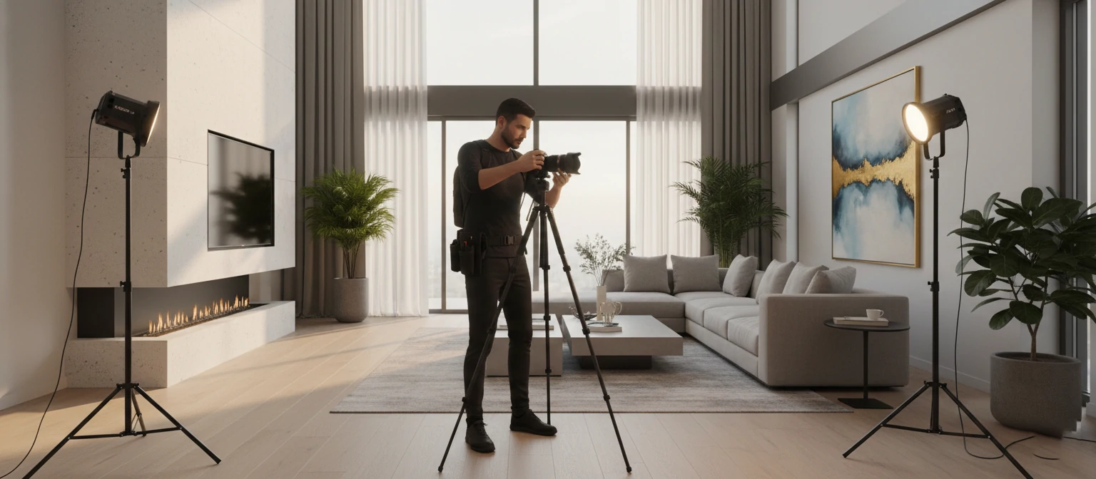 A professional real estate photographer using a Sony camera with a wide-angle lens
