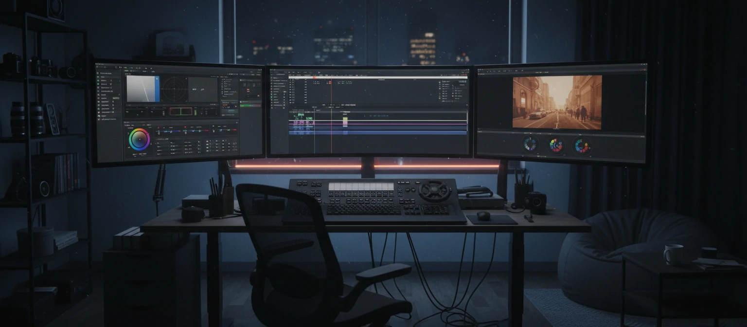 A professional video editing workstation with curved ultrawide monitors showing a timeline