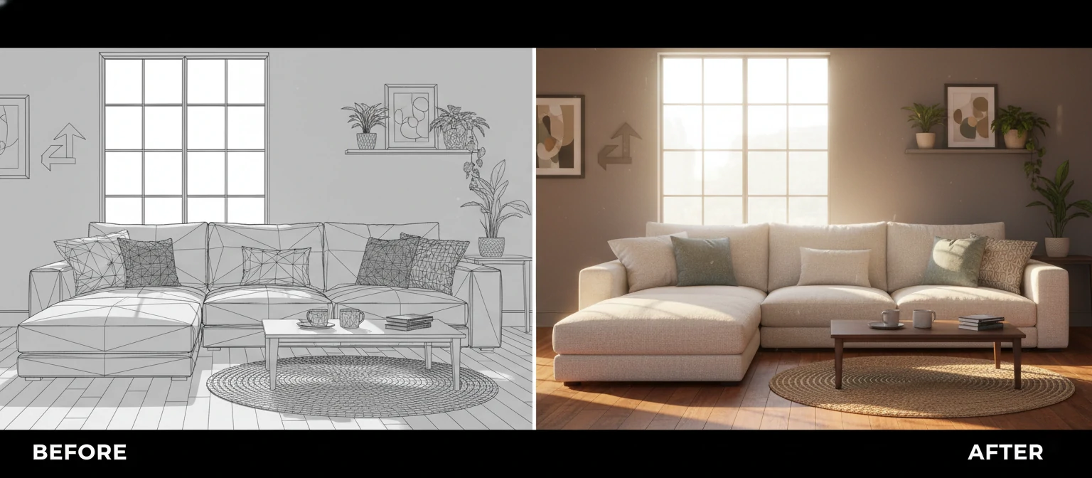 A raw wireframe (grey mesh) showing the geometry of a sofa and room