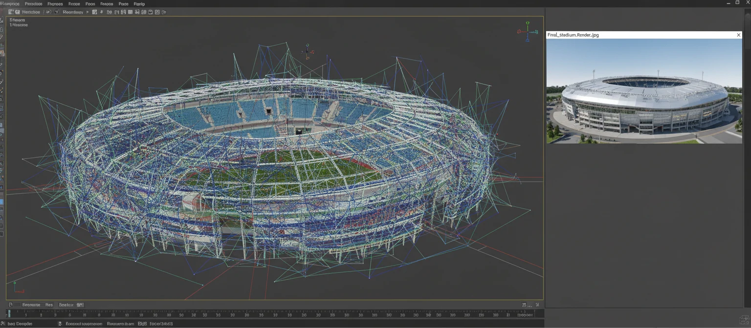 A screenshot of 3ds Max viewport showing a complex wireframe of a stadium