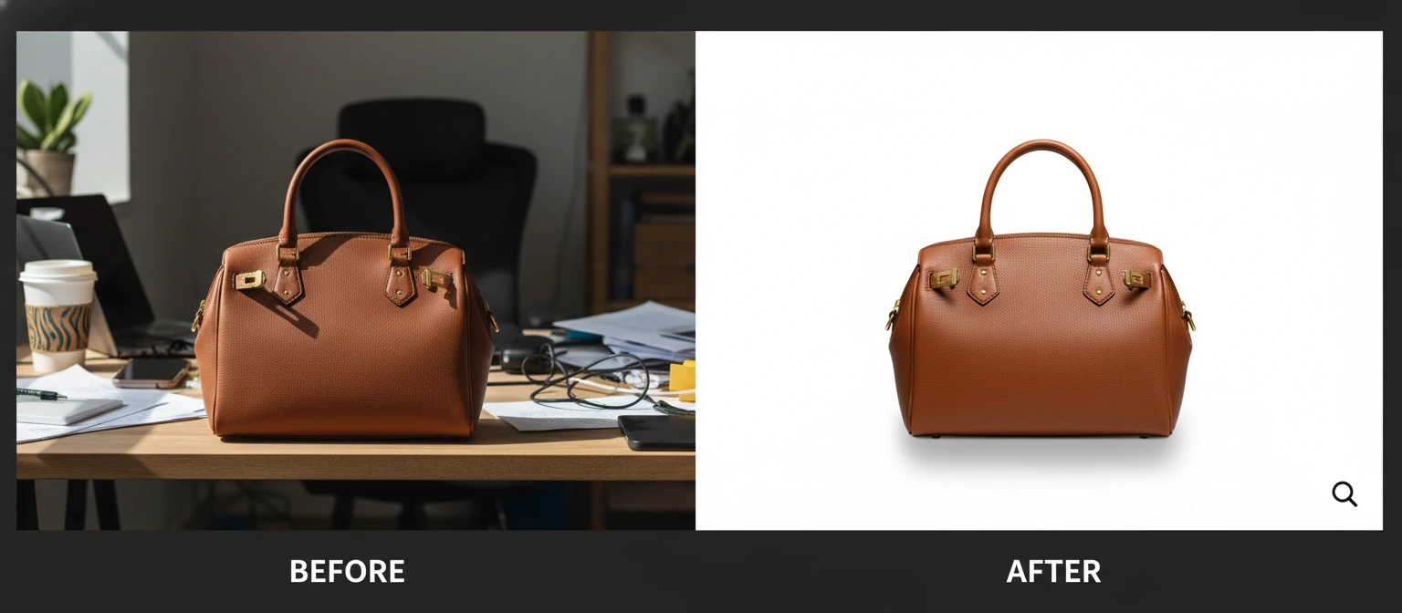 A split-screen before-after comparison of a handbag product photo