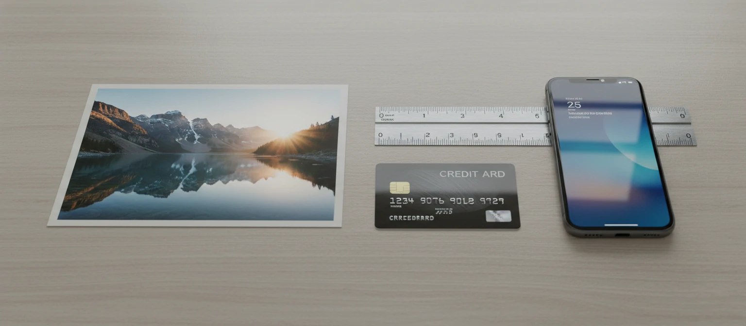 A visual comparison showing a 4x6 photo next to a ruler, credit card, and smartphone for scale reference