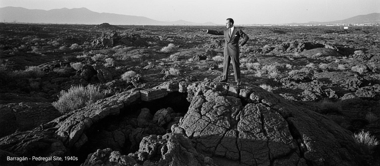 An archival black and white photo of Barragán walking the site in the 1940s