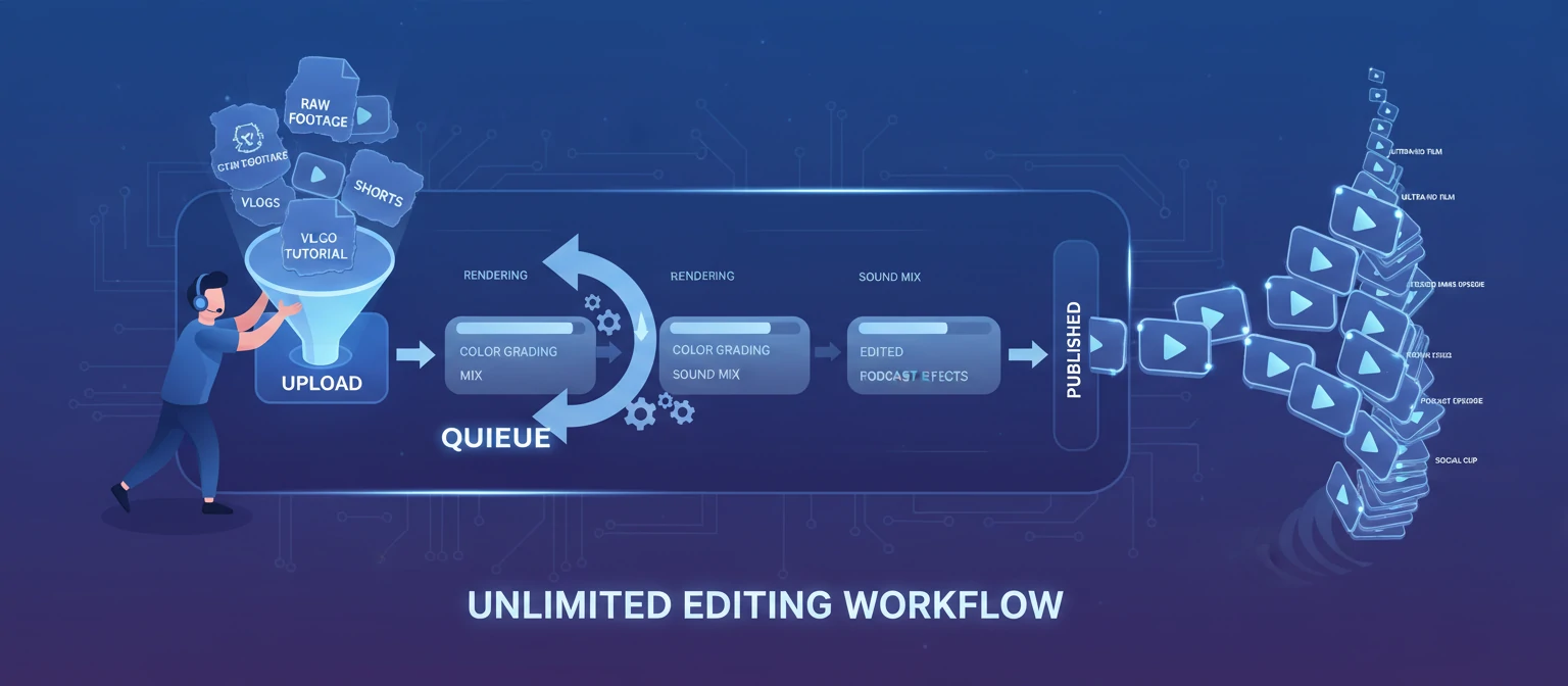 An infographic-style illustration showing a content creator submitting multiple video