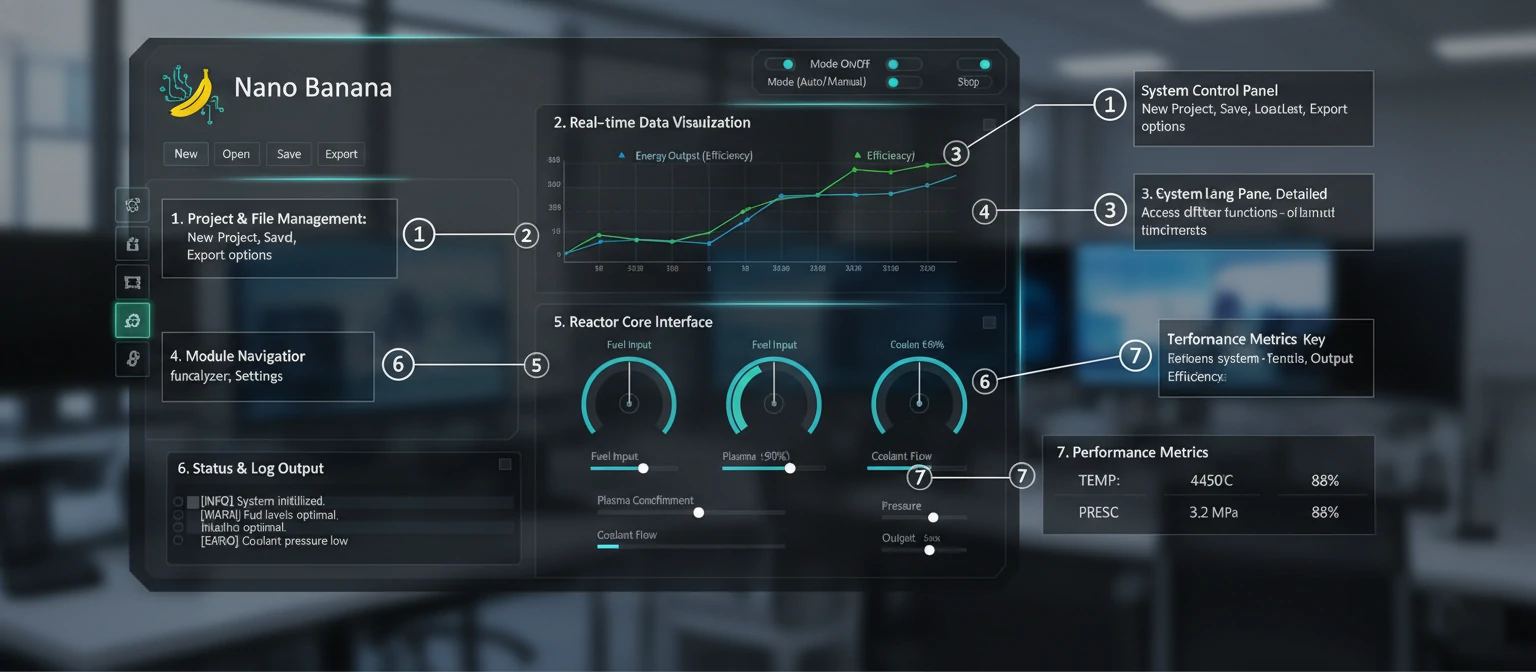 Annotated screenshot of Nano Banana interface with numbered callouts explaining