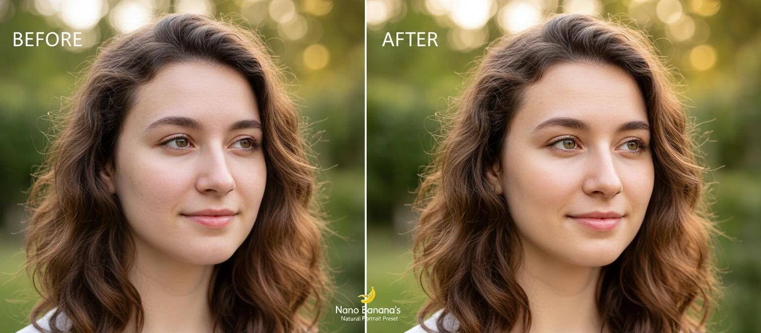 Before-after comparison of a portrait showing the transformation after applying Nano Banana's Natural Portrait preset