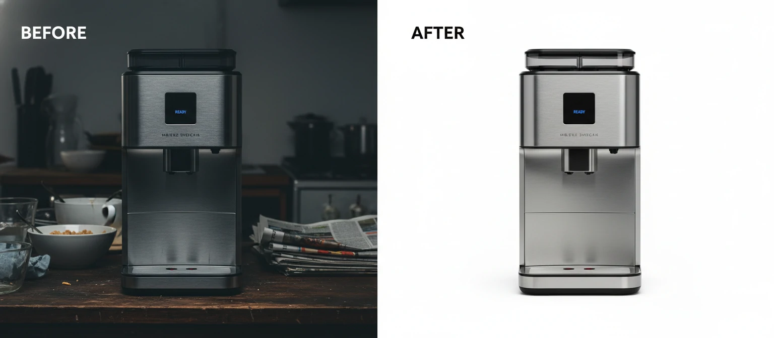 Before-after comparison of a product photo—left showing raw image