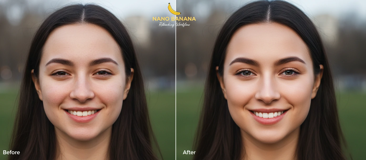 Before-after comparison showing a portrait edited with Nano Banana's retouching