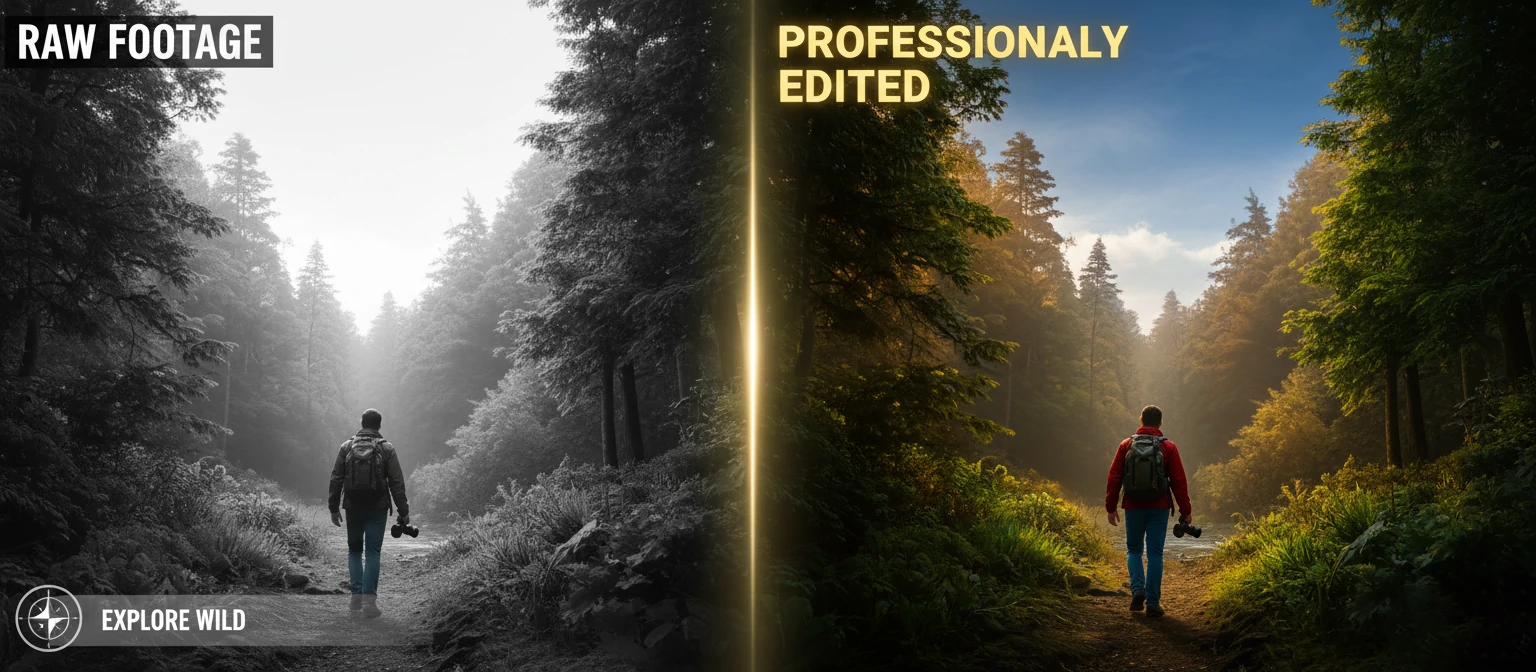 Before-after comparison showing raw footage vs professionally edited final video with color grading and graphics applied